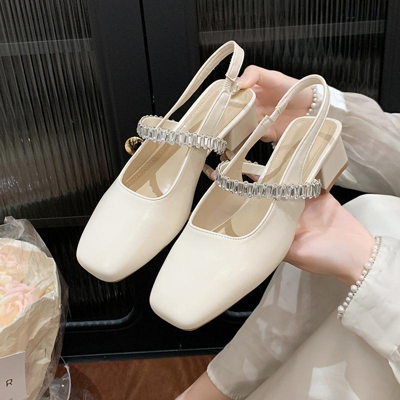 

Champagne Color Rhinestone Mary Jane Sandals Comfortable Low Heel Women s Slippers Casual Faion Toe Open Design for Summer 2025 35 бежевий