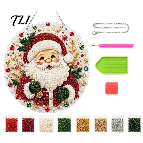 Transparent Acrylic Craft Decor Christmas DIY Faux Diamond Painting Hanging, Santa Wreath Pendant, Pearl Red Green Gifts Beads Kit for Wall
