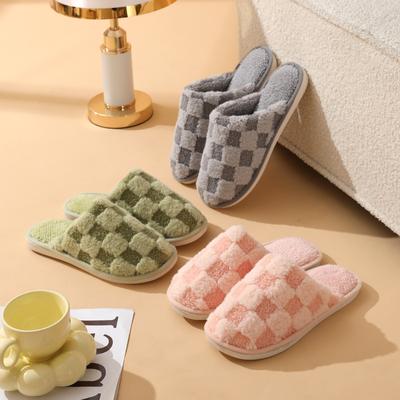 Autumn and Winter Men's and Women's Home Thick-bottomed Cotton Slippers Couple Home Plaid Thickened Plush Warm Cotton Mop Wholesale