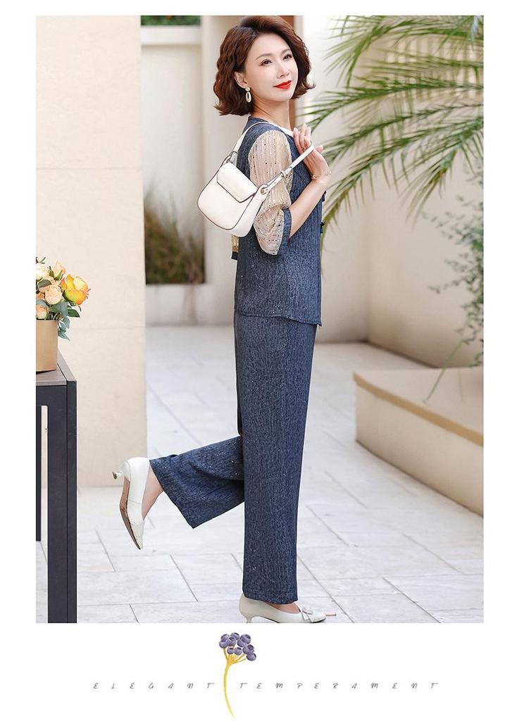 Elegant Chinese-Style Suit for Mothers: Fashionable Middle-Aged Women's Two-Piece Set with Stylish Top and Pants.