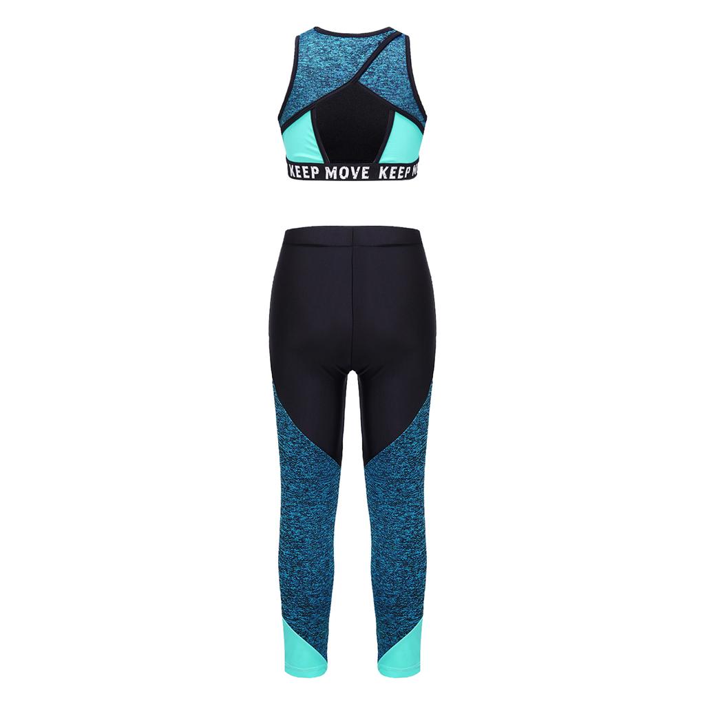 Girls Workout Running Suit Round Neckline Wide Shoulder Straps Top Elastic Waistband Sport Set