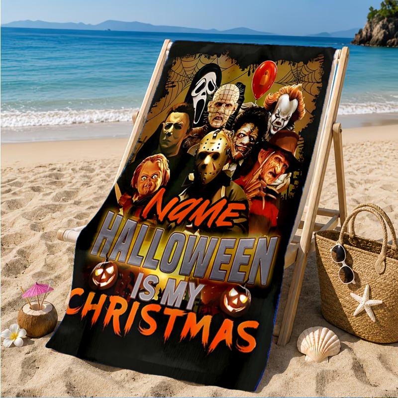 Custom Name Halloween Horror Christmas  Beach Towel Microfiber Beach Towel, Lightweight and Quick-Dry, for Summer Travel, Swimming Pool Gift