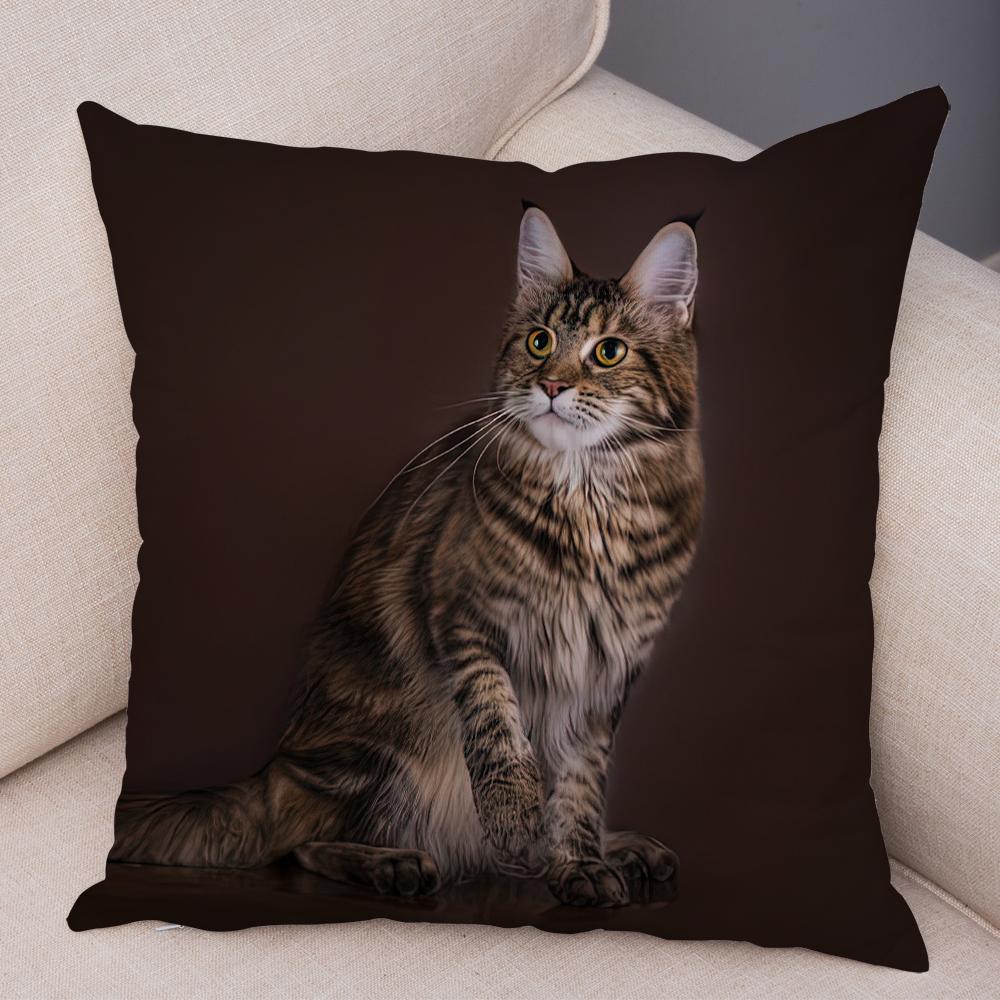 Long Haired Cat Face Cushion Cover Detailed Feline Art Double Sided Living Room Bedroom Decor Pillow Case