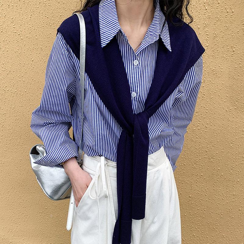 

Spring and Autumn Love Blue White Vertical Stripe Blue Slim Shirt Design Female Long Sleeve Shirt Women M