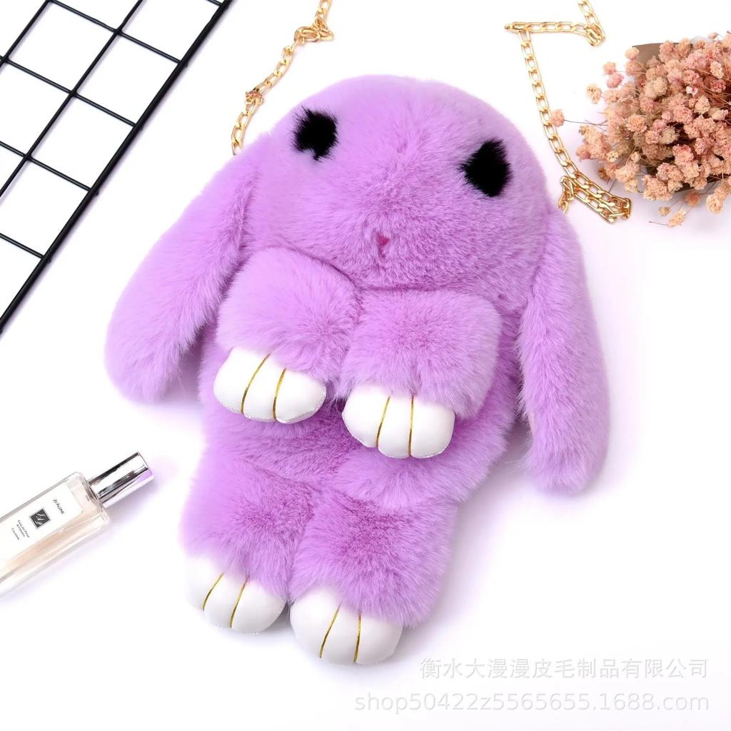 Cute Fluffy Rabbit Fur Pompoms Chain Bag Women Cartoon Rabbit Sling Bag Fluffy Bunny Shoulder Plush Backpack Girls Birthday Gift