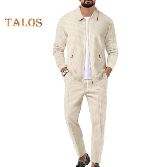 2Pcs/Set Men Outfit Lapel Long Sleeve Zipper Placket Coat Elastic Waist Adjustable Drawstring Long Pants Set