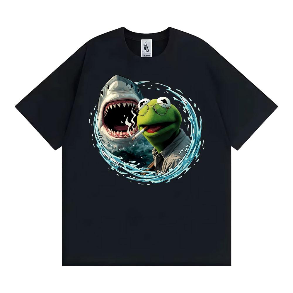 Smoking Kermit The Frog Meme Shark Attack Parody TShirt Mens Women Fashion Cool Tshirts Hot Sale Casual Short Sleeves T Shirt