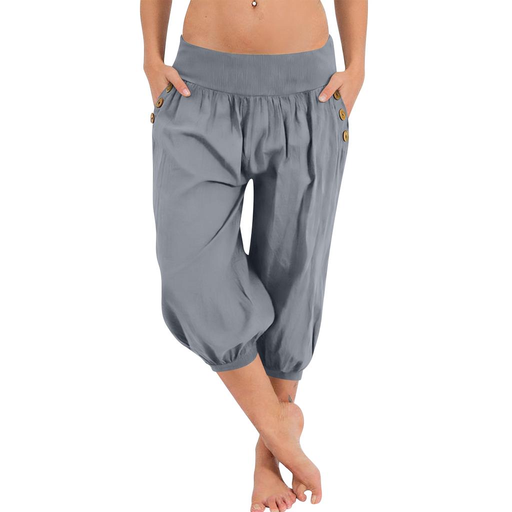 Women Elastic High Waist 3/4 Pant Casual Fit Wide Capris Leg Pants Trousers With Pockets