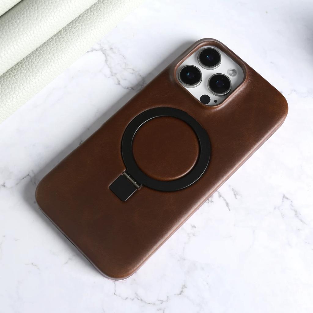 Genuine Leather Waxed Texture Case for iPhone 17 Pro Max 16 Pro Premium Business Slim Leather Magnetic Kickstand Shockproof Cover
