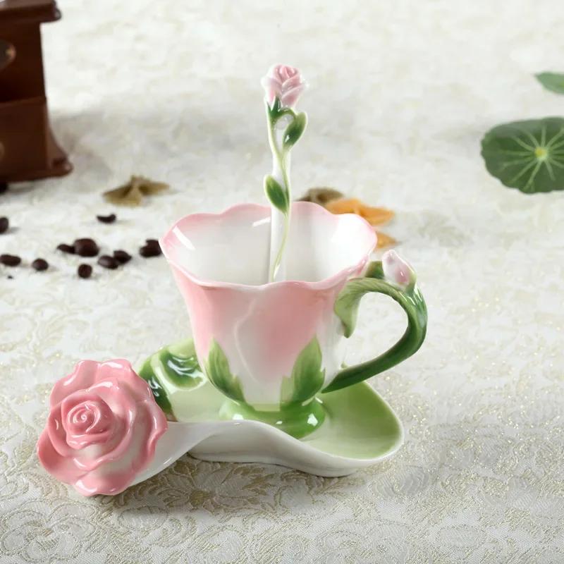 Enamel Flower Cups Dish Spoon Set Ceramic Mug, Colorful Breakfast Milk Coffee Mugs, Wedding Gift Creative Tea Cup, Kawaii Cup