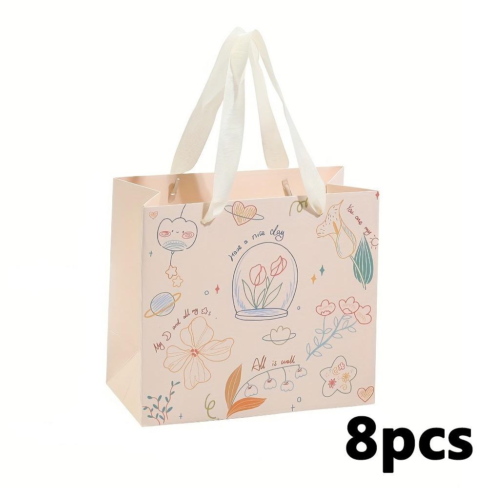 8pcs Party Drawstring Gift Bag White Paper Printed Waterproof Film Light Luxury Handle Lines Simple Pen Painting Soft Interactive Multi-element