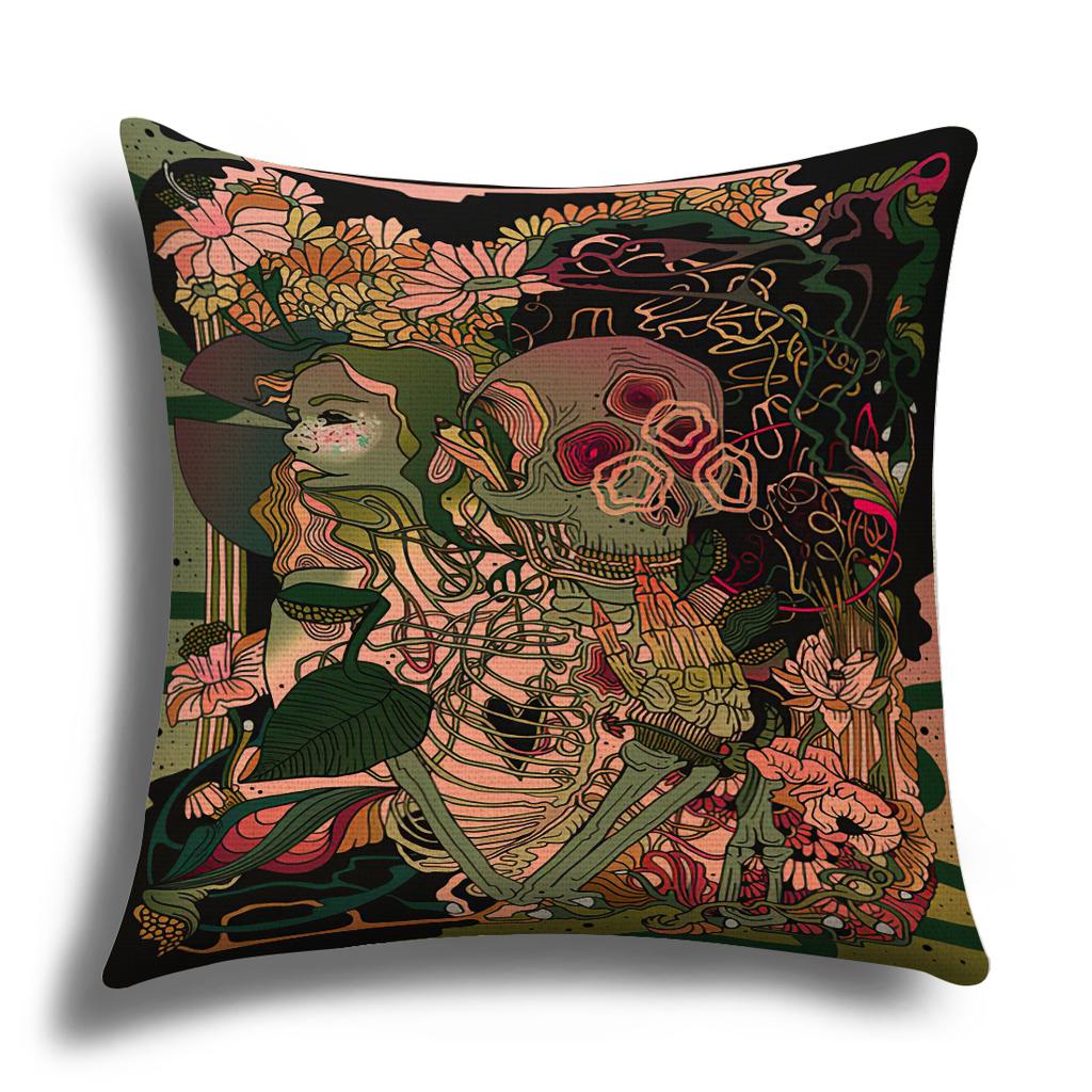 Classic Retro Girl Skull Illustration Cushion Cover Pillow Cover Sofa Cushion Cover Living Room Bedroom Soft Home Decoration