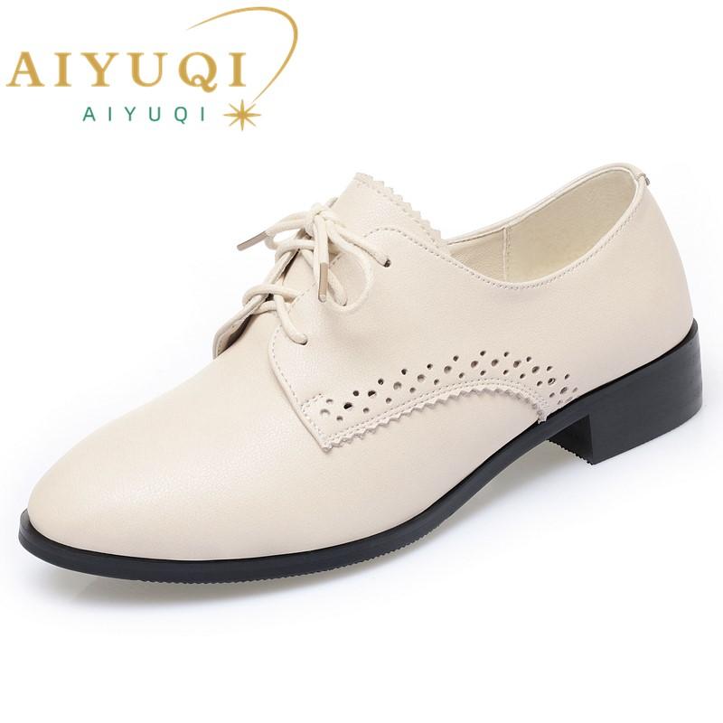 Fashion AIYUQI Women Autumn Shoes Genuine Leather 2025 New Mid Heel British Style Women Loafers Large Size 43 44 45 Lace-up Women Shoes