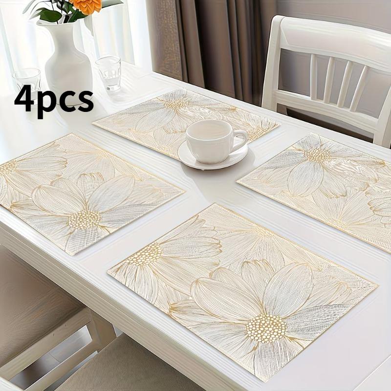 4/6/8pcs Light Luxury Golden Thread Flower Tablemats, 13.39 * 17.72inch, with Simple Lines Depicting Large Flowers, Paired with Champagne Golden