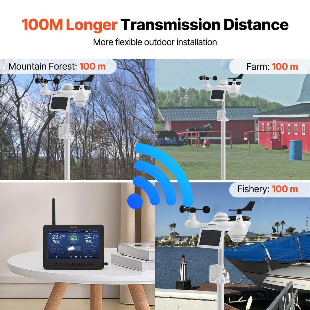 VEVOR 7-in-1 Wi-Fi Weather Station 186mm (7 In) TFT Display Wireless Outdoor Sensor