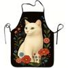 1 White Cat and Flowers Apron - Durable and Easy-to-Clean Polyester Kitchen Apron, Cute White Cat with Red/Blue/Purple/Orange/Black/Gray/White/Black/G