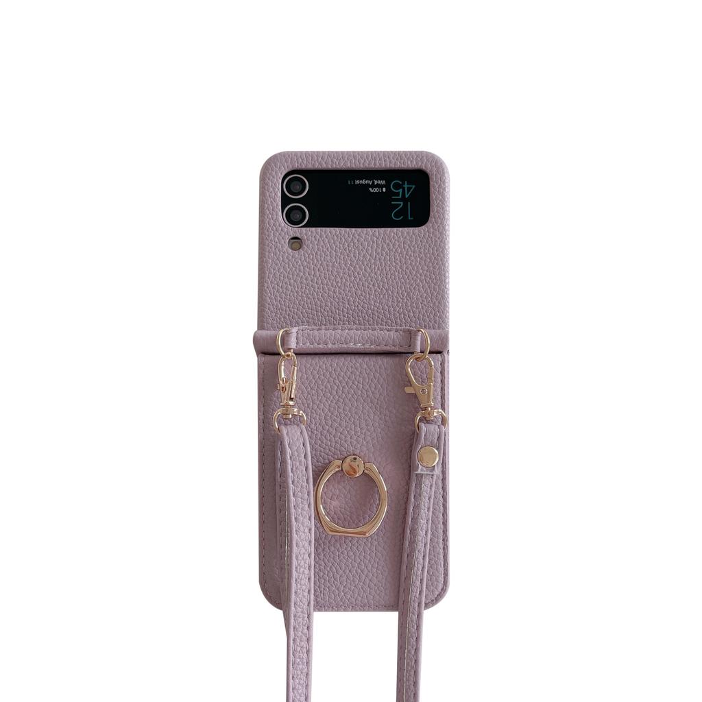 Applicable To Samsung ZFlip4 Folding Messenger Lychee Pattern Zflip3 Ring Mirror Card Bag Long Lanyard Protective Cover