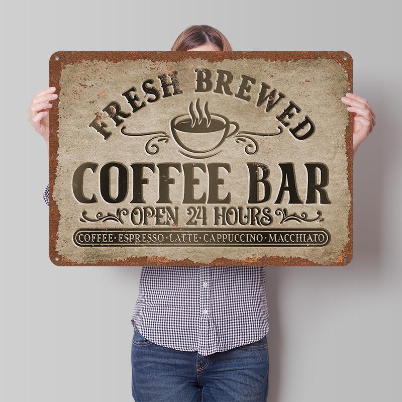 Fresh Brewed Coffee Bar Sign Printed Poster Customized Wall Art Retro Vintage Metal Tin Signs for Home Aesthetic Decoration Room 20X30CM