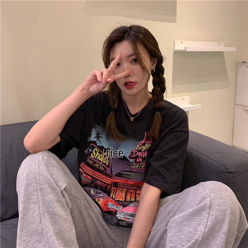 T-Shirt im koreanischen Stil mit Retro-Print, lockere Passform, kurze Ärmel für Damen - Übergröße, Frühjahr 2023