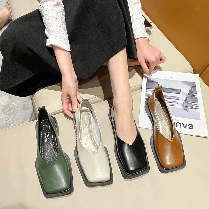 2025 Flat Shoes Women Square Toe Single Shoes Simple Temperament Leather Shoes Spring Autumn 4 Colors