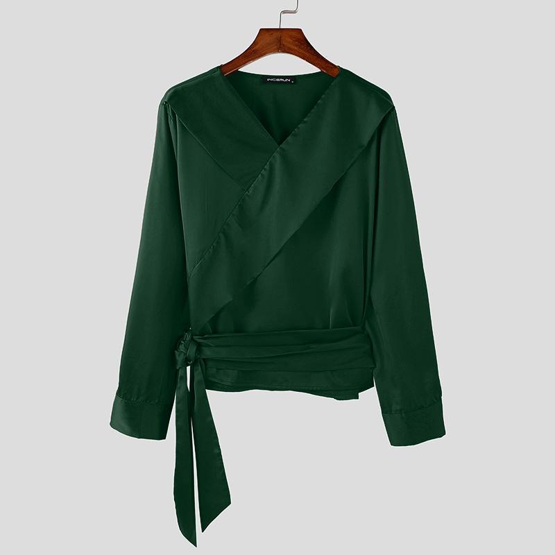 INCERUN Men Long Sleeve Bandage V Neck Front Cross Layer Shirts Tops