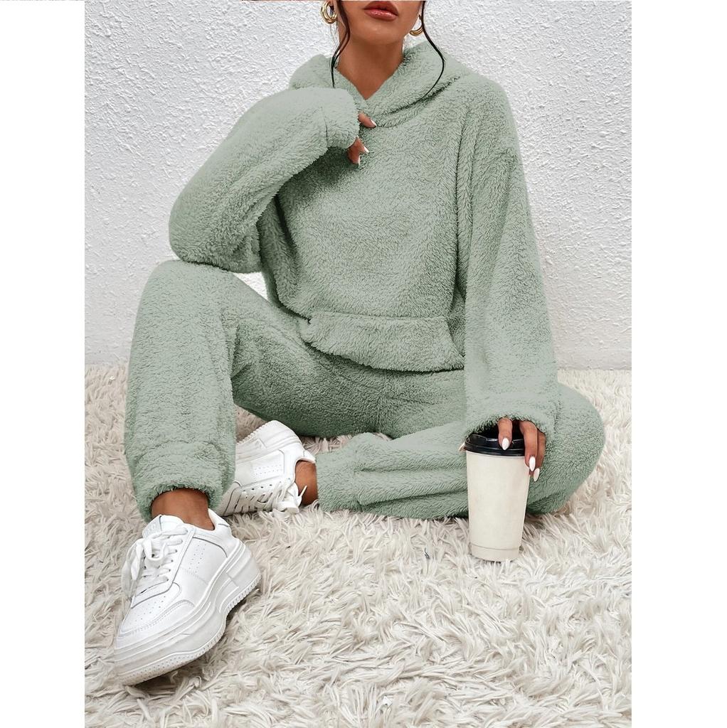 Autumn and Winter Solid Color Women's Hooded Long Sleeved Patch Pocket Casual Pants Home Two-piece Set