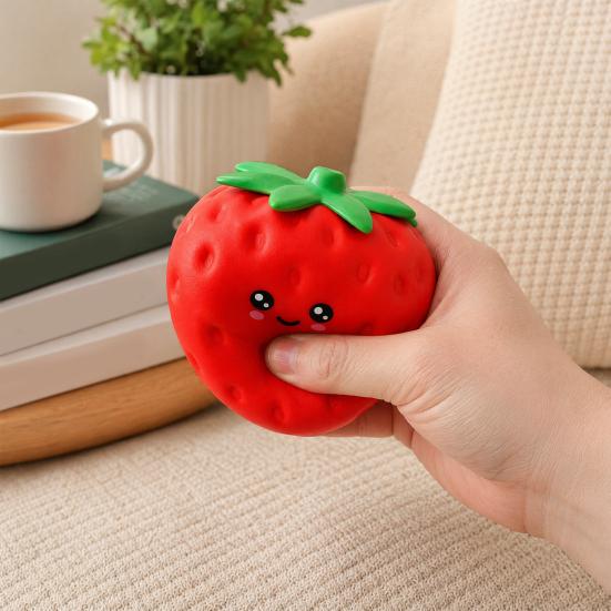 Portable Stress Reliever Cartoon Strawberry Relief Toy Giant Squeeze Fake Safe Toy Fruit Sensory Fidget for Home Office School Adult