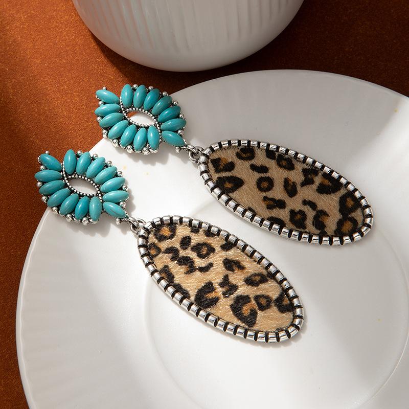 Oval Leopard Print Turquoise Earrings High-End Bohemian Earrings Women'S Fashion Heavy Industry Ear Jewelry