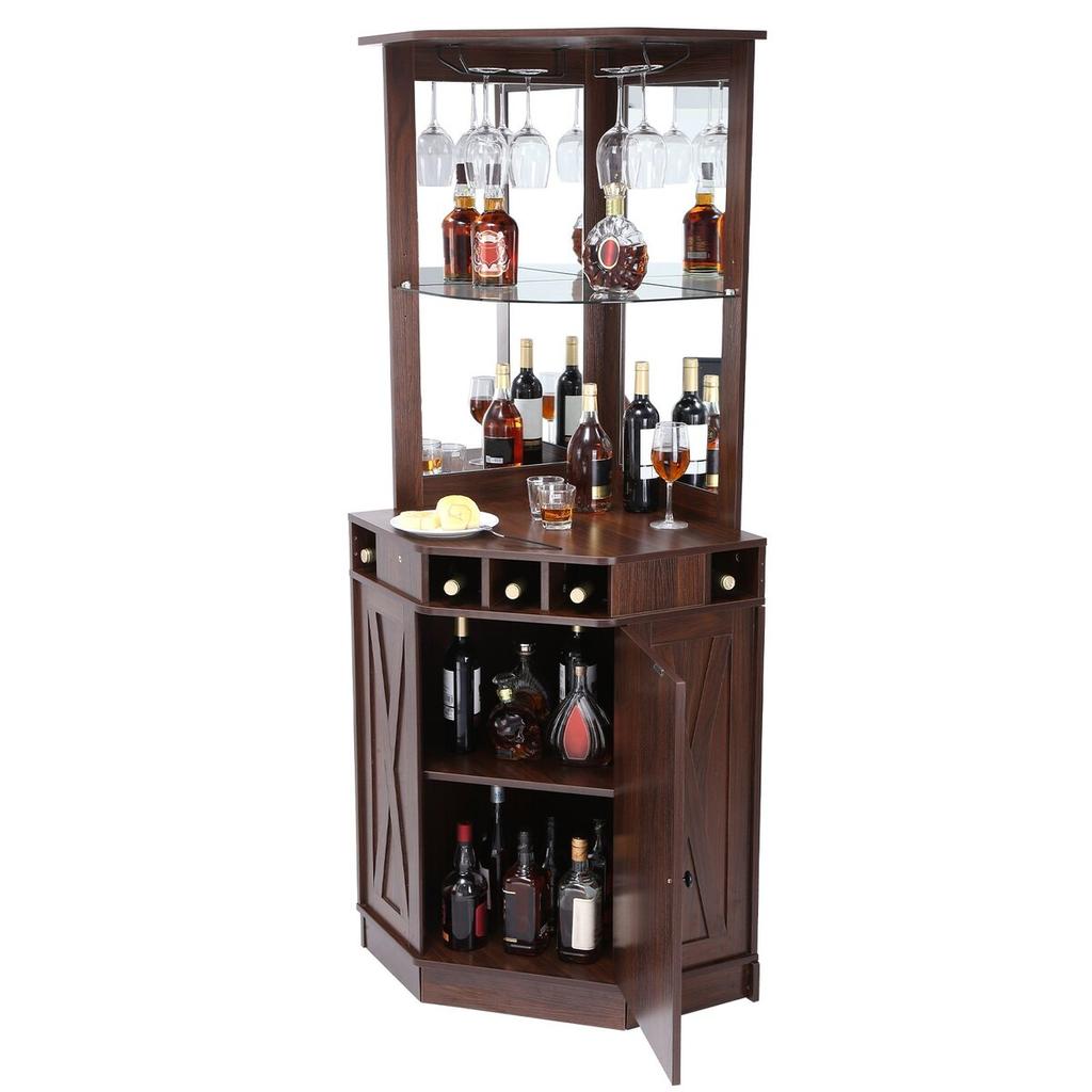 Corner Industrial Bar Cabinet, Wine Table for Liquor & Glasses, Sideboard Buffet Cabinet with Glass Holder, Freestanding Farmhouse Wood Coffee Bar