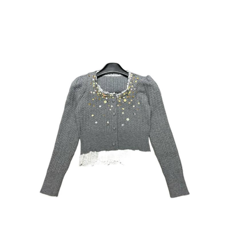 2025 Autumn/Winter Cable Knit Lace Patchwork Cardi - Slimming & Versatile Short Top