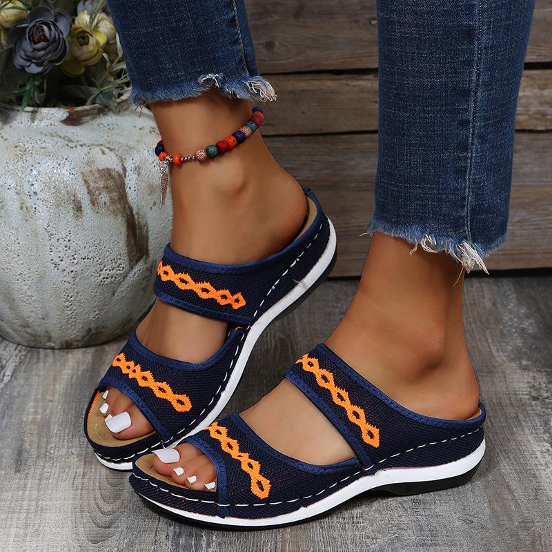 Women's Low-Heel Fly-Knit Embroidered Slip-On Sandals - Plus Size Available