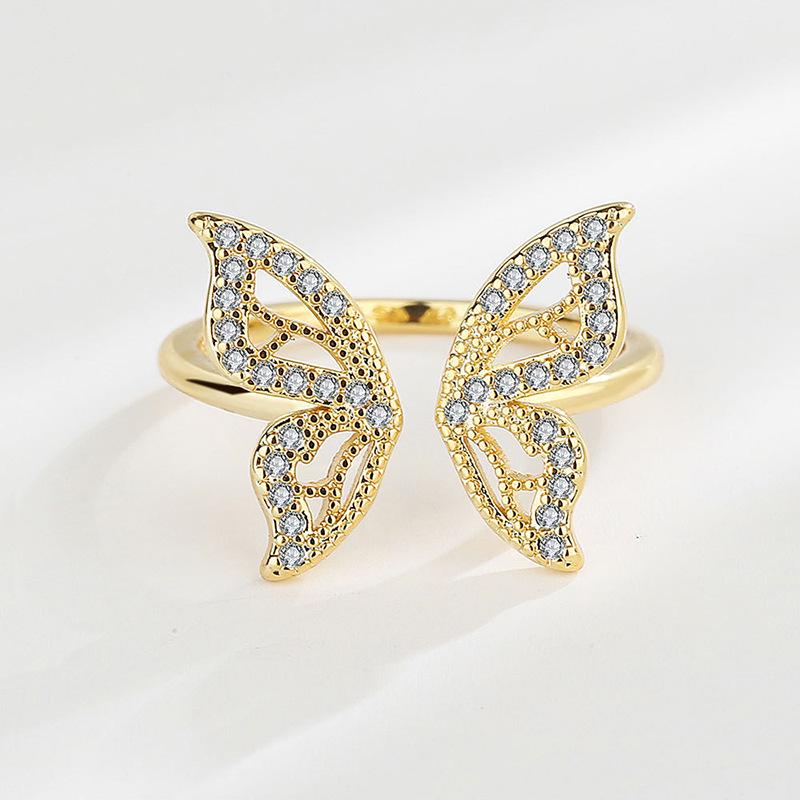 Chic Copper Ring with Rhinestone  Zirconia Butterfly Design Adjustable Open