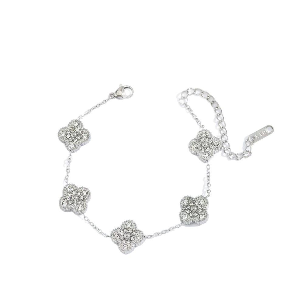 18K Gold Diamond Four-Leaf Clover Flower Bracelet in Textured Stainless Steel Jewelry