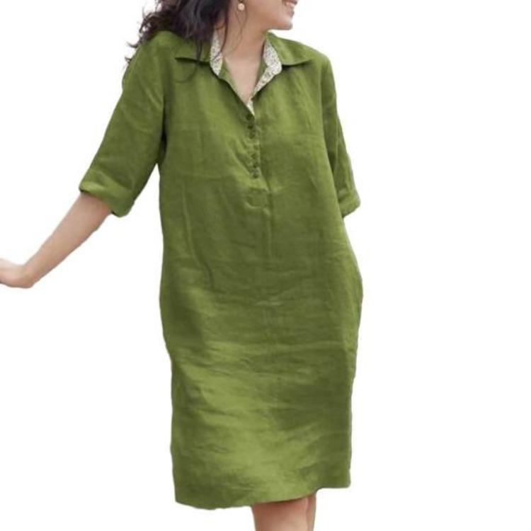 Summer Casual Soft A-line Midi Dress Women Lapel Knee Length Loose Three Quarter Sleeves Solid Color Spring Summer Dress