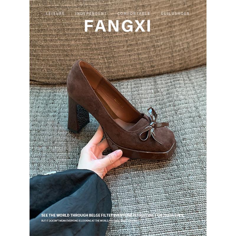 2025 New Spring and Autumn French Retro Square Head Bow High Heels Women's Waterproof Platform Thick Heel Single Shoes Light Mouth Women's Shoes