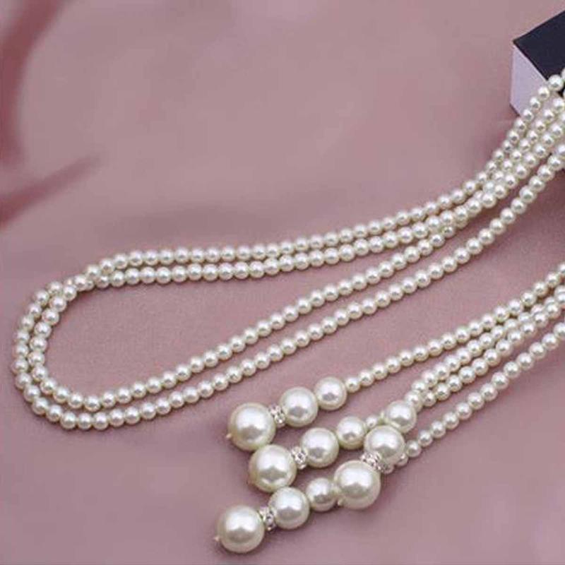 Fashion White Bead Necklace Long Multi Layer Knotted Dress Sweater Chain Women's Faux Pearl Tassel Neck Chain