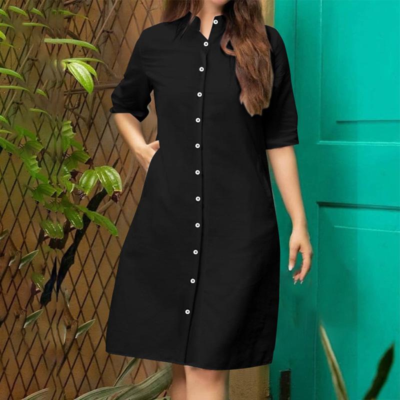 

ZANZEA Женское повседневное платье-рубашка с воротником-стойкой и коротким рукавом XL чёрный