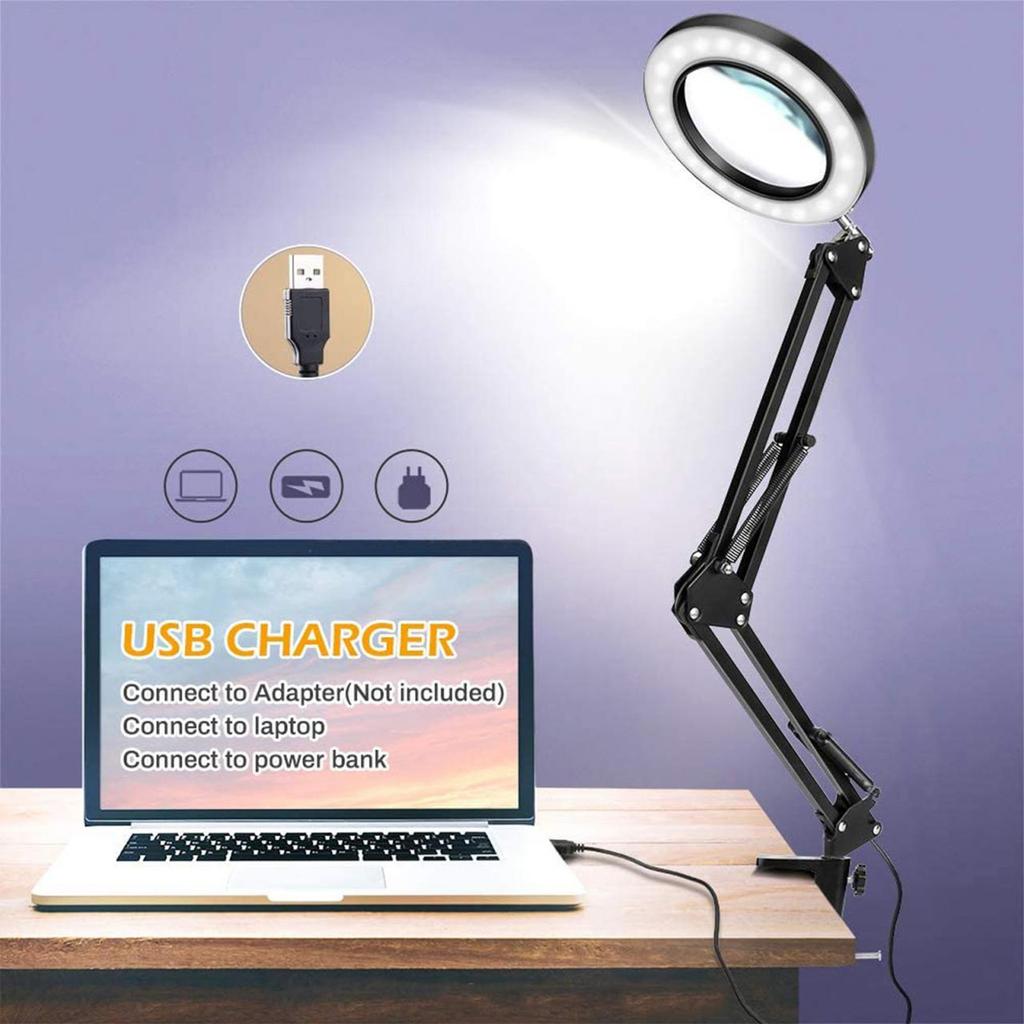 10X Magnifying Glass with LED Light Flexible Arm Brightness Adjustable 3 Colors Workbench Light with
