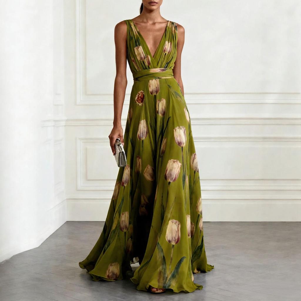 Women Sleeveless V Neck Waist Zip Floral Print Evening Gown Dress with Flowing A Line for Formal Occasions