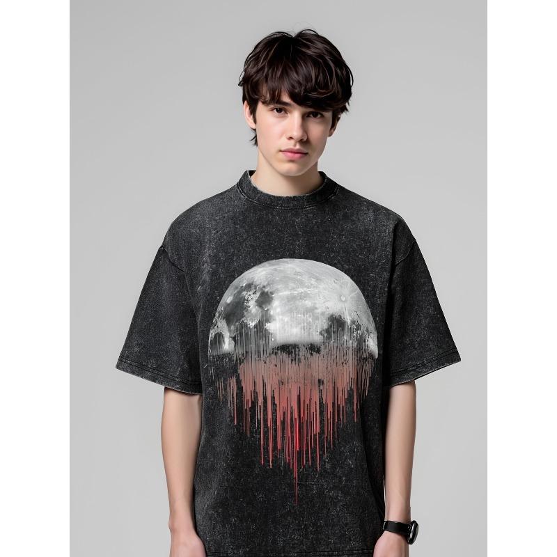 European Size of Men's Linear Moon Washed TShirt, Summer Bleached Top, Vintage Loose Bleached Casual Tee,Casual Wear, Relaxed Fit, Loose Fit Shirt