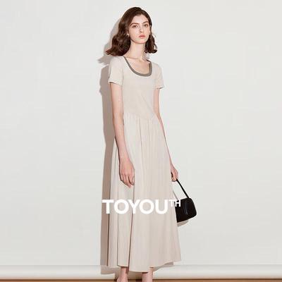 Chuyu Color-block Faux Two-Piece U-Neck Short-Sleeve A-Line Midi Dress