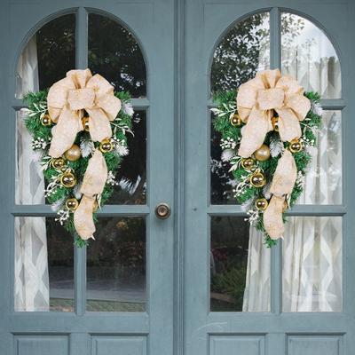Golden Bow Pine Needle Upside Down Tree Christmas Ball Wreath Shopping Mall Hotel Door Hanging Decoration