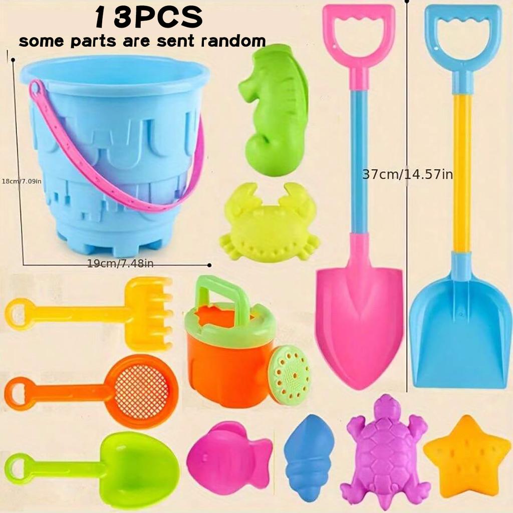 Children's beach and sandbox toy set, including a large round sandcastle bucket, sandcastle mold, and a large shovel. The colors