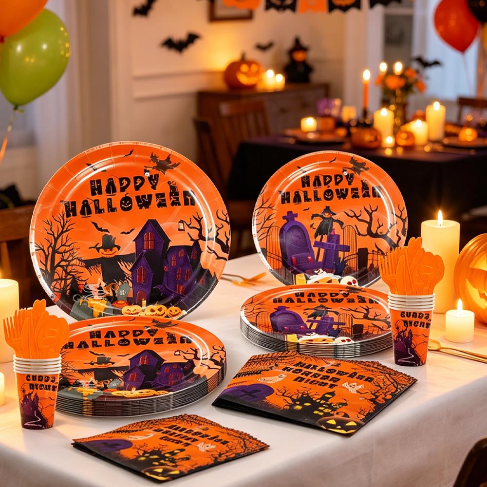 Halloween Disposable Tableware Set Orange Haunted House Pumpkin Ghost Print Tableware Kids Dinner Decor Supplies