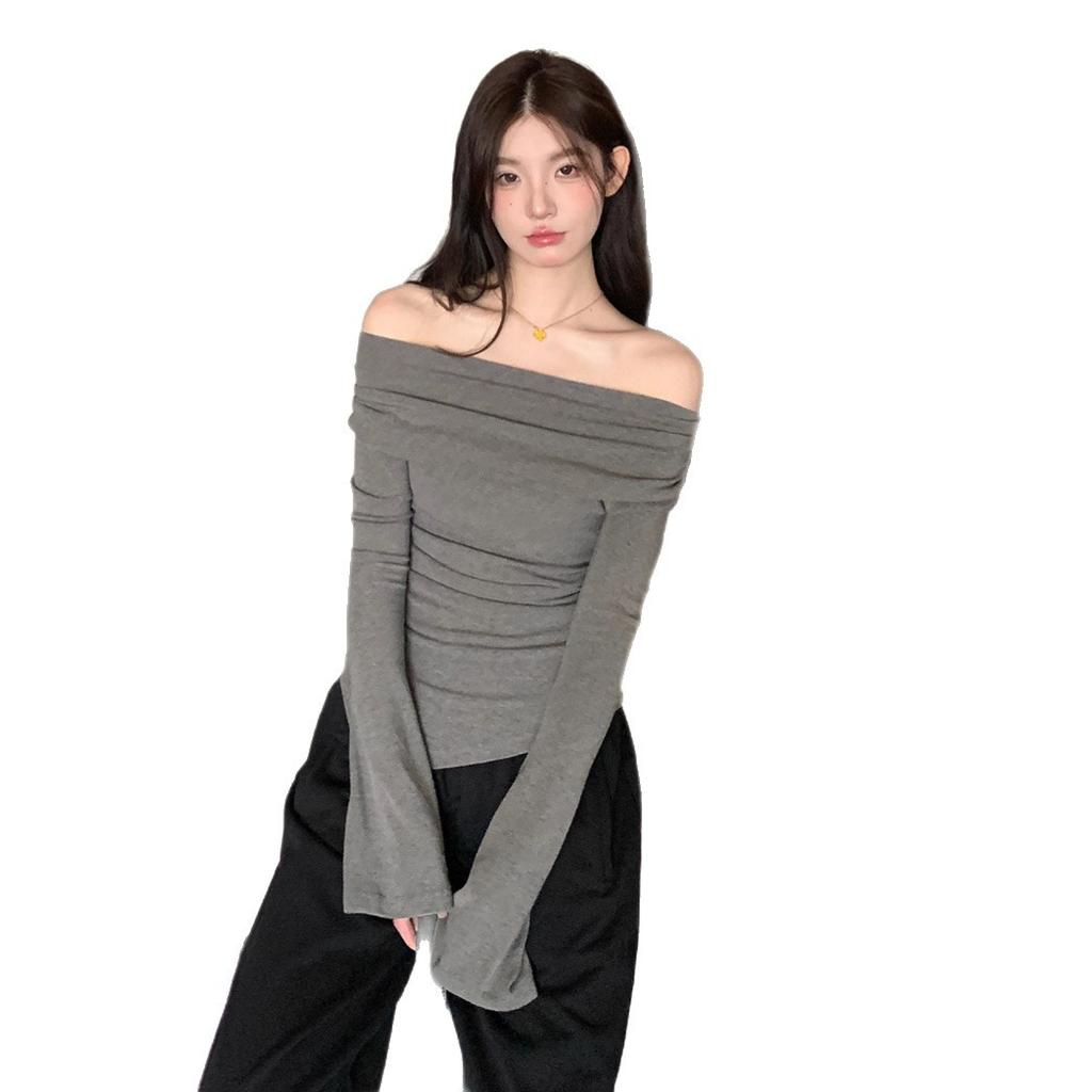 [Original quality] Pure desire slant shoulder horn sleeve top bottoming shirt off shoulder long sleeve T-shirt autumn thin inner cover women