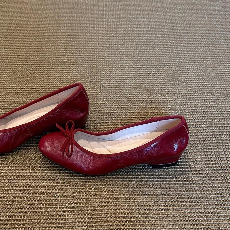 Huge Look! Super Soft Sheepskin Is Not Tired of Single Shoes, Retro Red Round Head Bow, Light Mouth Inner Height-increasing Ballet Shoes