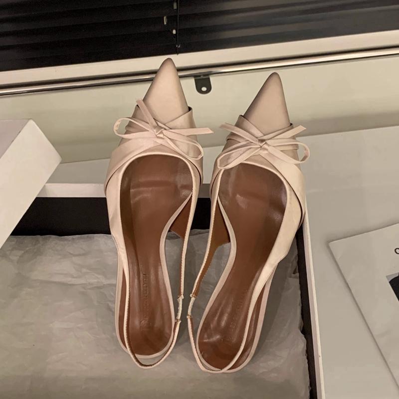 Fashion SUOJIALUN New Brand Women Sandal Shoes Fashion Pointed Toe Bow-Knot Shallow Slip On Slingback Shoes Thin Low Heel Dress Pumps