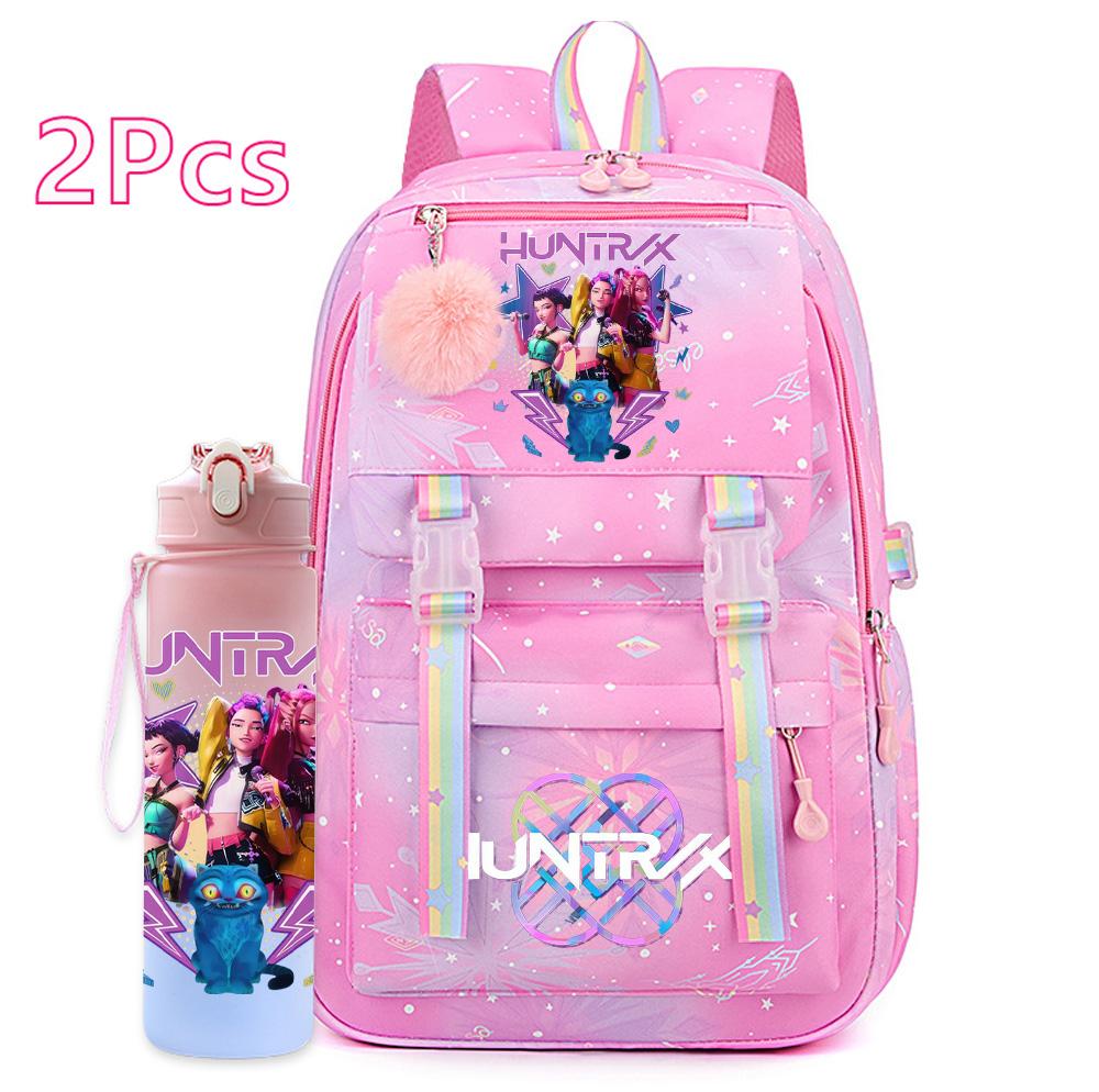 2Pcs/set Cartoon Kpop Printed Backpack with 750Ml Water Bottler for Teenager Girl Boy Bookbag Kid Gift Large Capacity Travel Bag Mochila
