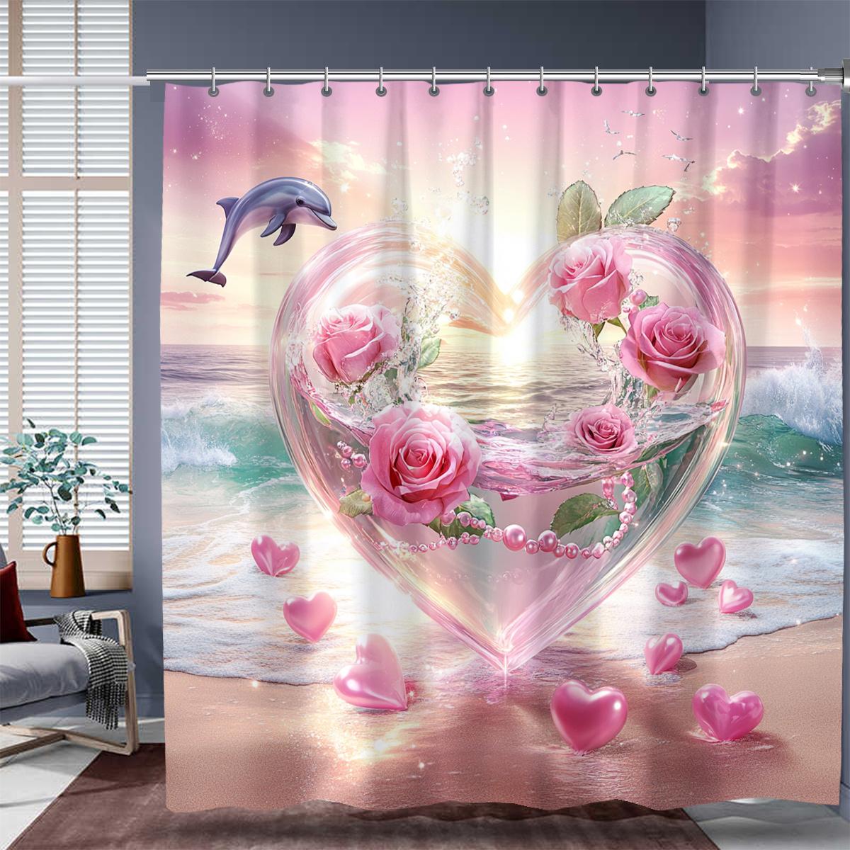 

1Pc Romantic Valentine S Day Shower Curtain With Dreamy Dolphin And Heart Balloons Design - Pink Roses & Ocean Sunset Scene W60H190(CM)-1 Pcs