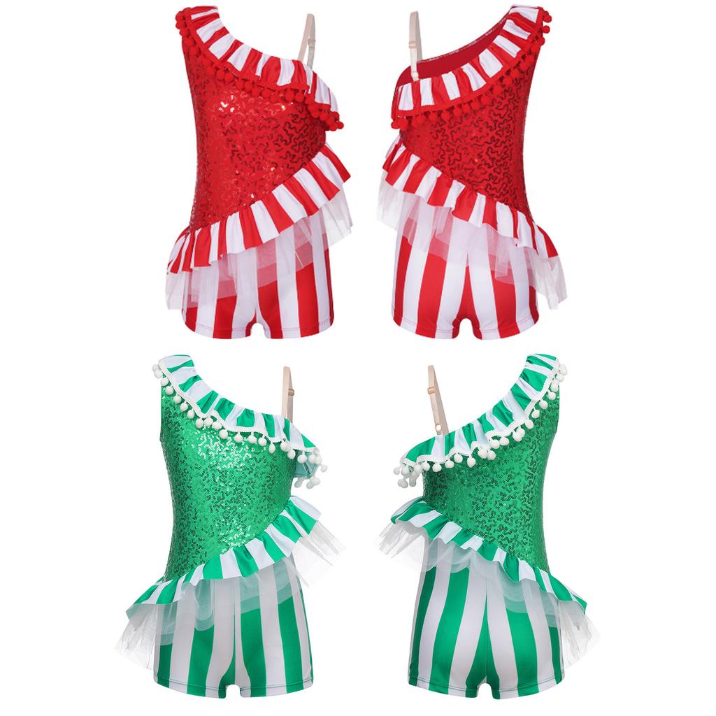 Costum de dans de Crăciun pentru fete, pe un umăr, trestie de bomboane, în dungi, pentru balet
